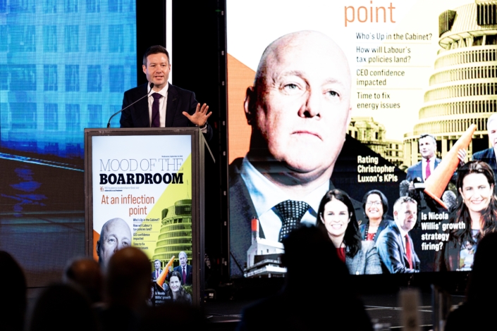 Tim McCready MCing the 2025 Mood of the Boardroom event, featuring Nicola Willis and Barbara Edmonds